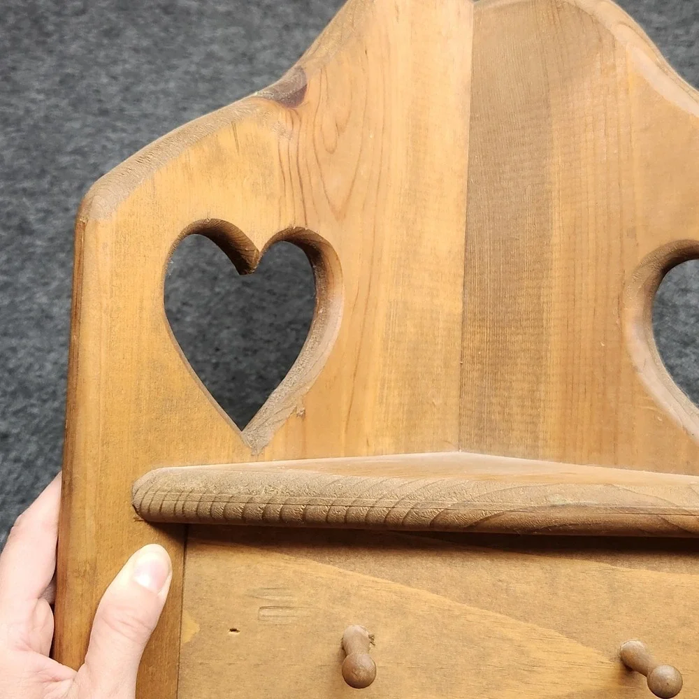 Vintage Wooden Heart Cutout Corner Wall Shelf With Pegs Cottagecore Country 16